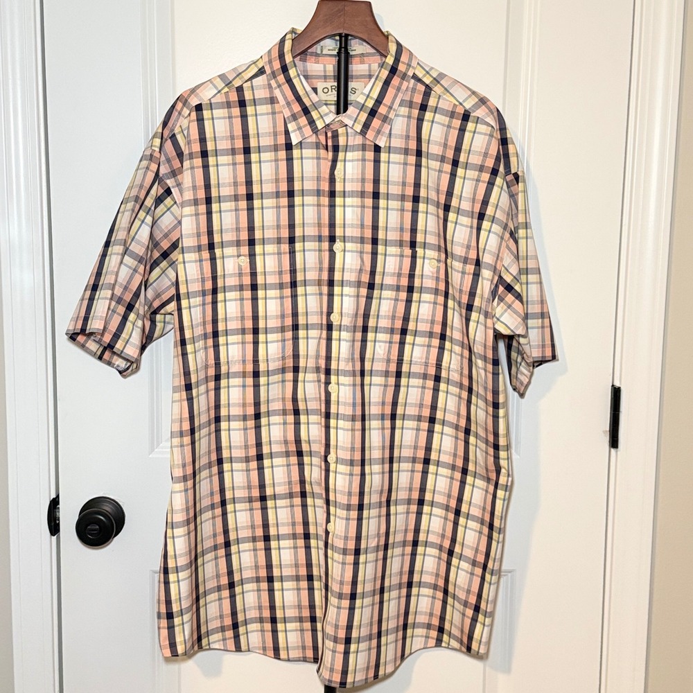 Orvis Mens XXL Short Sleeve Plaid Button Down Shirt Cotton Casual Preppy
